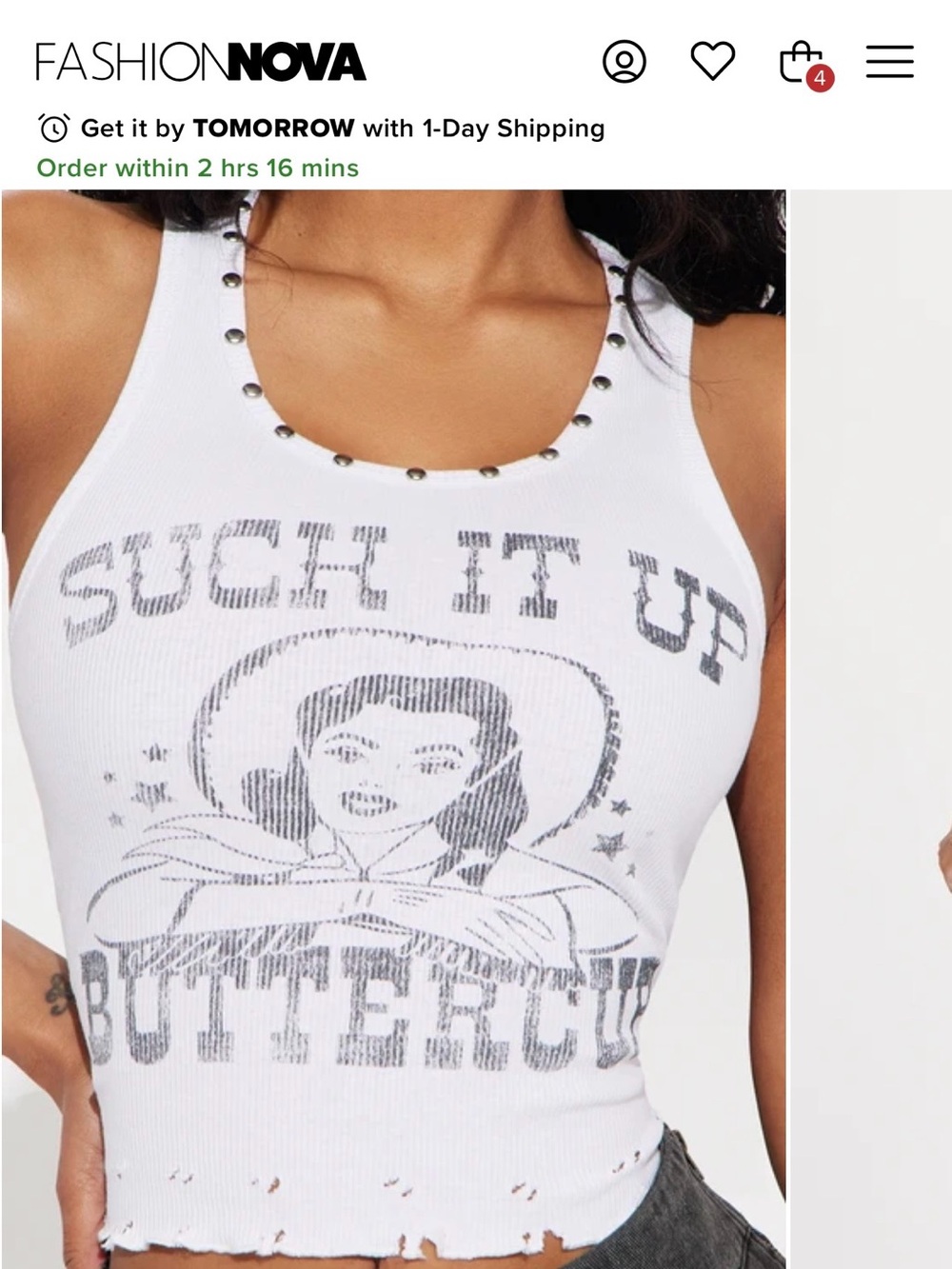 Fashion Nova White Ribbed Stud-Trim Graphic Tank - 'Suck It Up Buttercup'